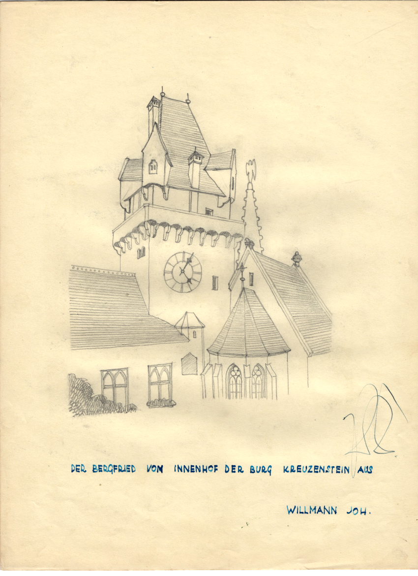 Architekturzeichnung der Bergfried-Kapelle von Burg Kreuzenstein, historische Skizze von Willmann