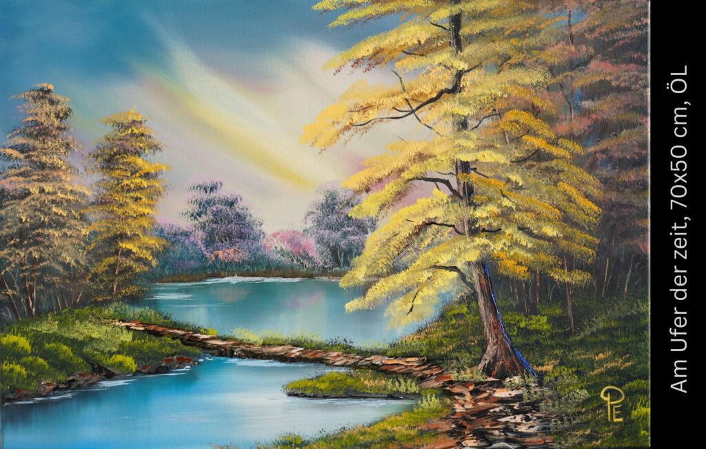 Landschaftsmalerei mit goldenem Herbstbaum, türkisblauem See und bunten Bäumen in warmem Licht