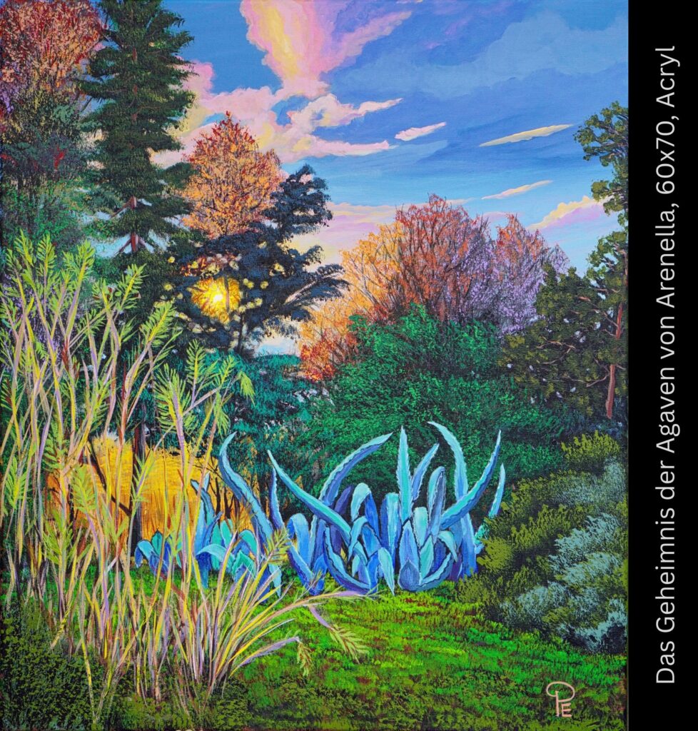 Farbenfrohe Landschaft mit blauen Agavenpflanzen, gelben Gräsern und herbstlichen Bäumen unter blauem Himmel mit rosa Wolken