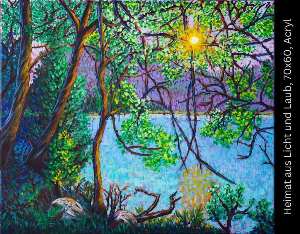 Farbenfrohe Acrylmalerei eines Waldes mit majestätischen Bäumen, grünem Laub und glänzender Sonne, die sich in einem blauen See spiegelt.