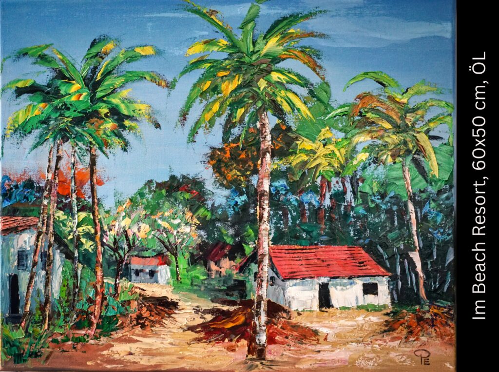 Tropisches Strandresort mit Palmen, roten Dächern und weißen Häusern auf sandiger Erde unter blauem Himmel.