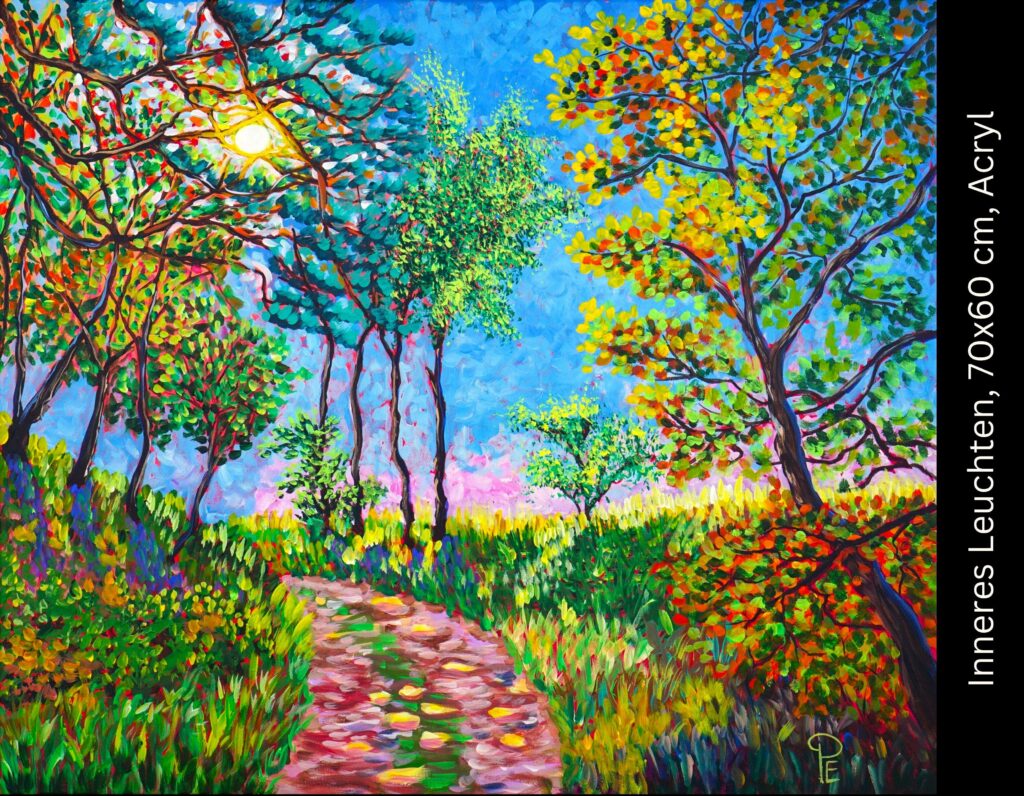 Farbenfrohe Landschaft mit blühendem Wald, Bäumen mit gelben und roten Blüten, grünem Unterholz und Weg unter blauem Himmel, Acrylmalerei