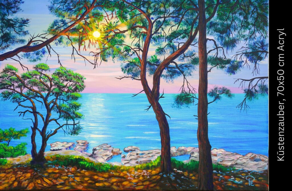 Gemälde einer Küstenlandschaft mit Eukalyptusbäumen, felsigem Strand und türkisblauem Meer bei Sonnenuntergang, von Kustenzauber.