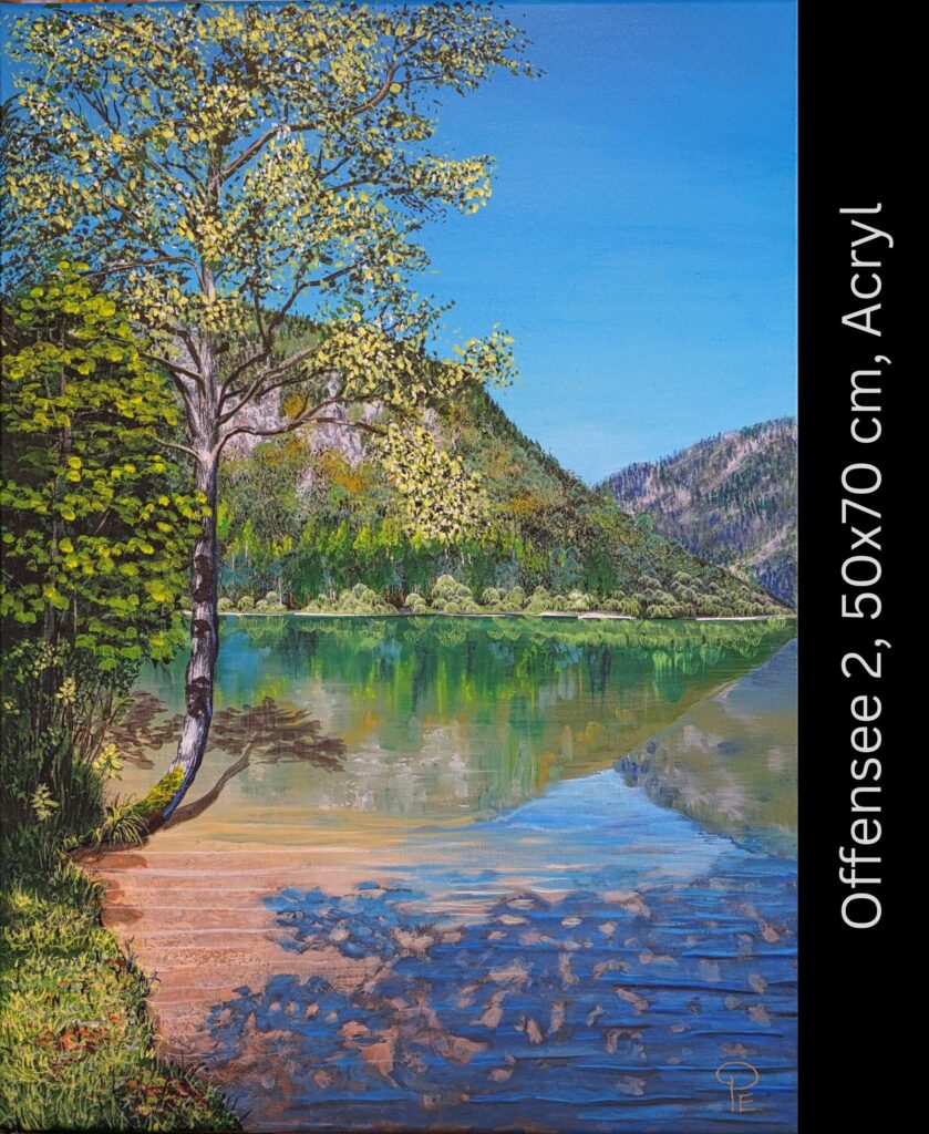 Malerische Landschaft mit Birkenbaum am See, grünen Bergen und klarem Himmel, Acrylacrylmalerei