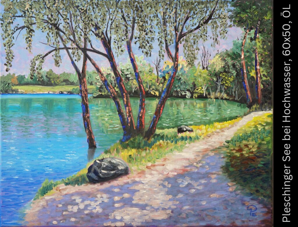 Gemälde eines idyllischen Sees mit hängenden Birkenbäumen, Kiesestrand und grüner Vegetation an einem sonnigen Tag