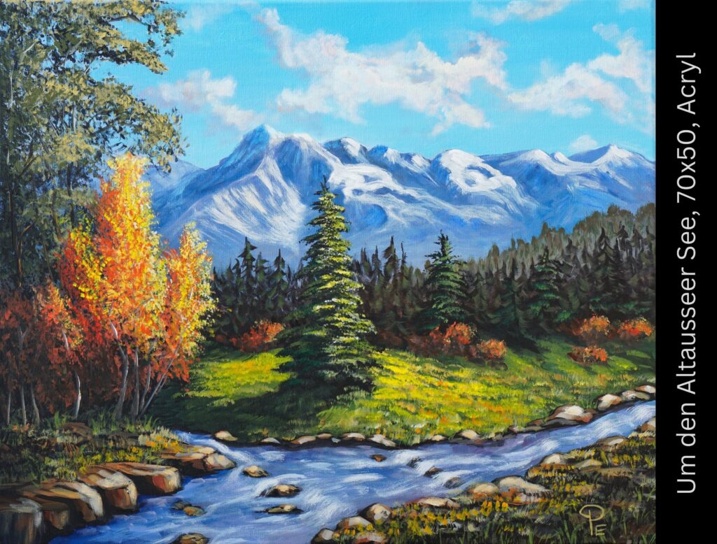 Herbstliche Berghanglandschaft mit schneebedeckten Gipfeln, fließendem Bach, bunten Bäumen und Nadelwald unter blauem Himmel