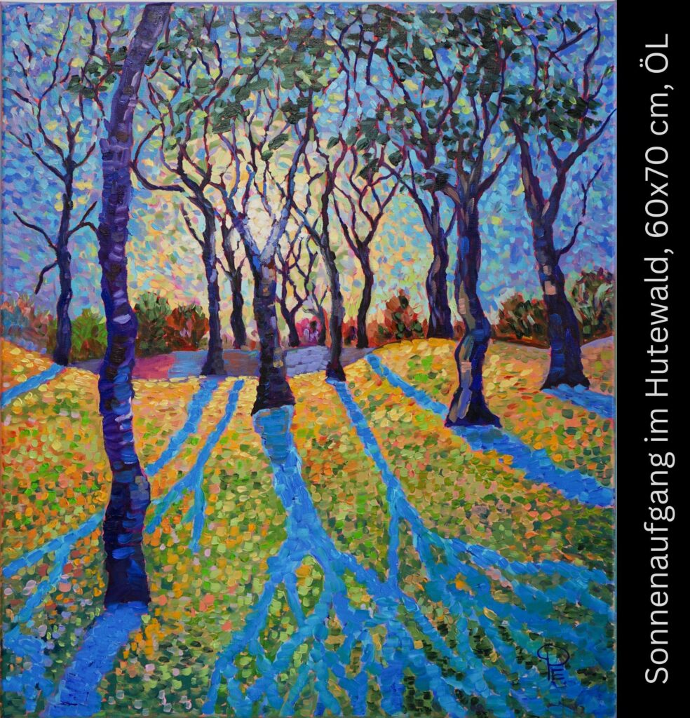 Waldszene mit dunklen Bäumen, bunten Blättern in Gelb, Orange und Grün, blauen Schatten auf dem Boden, impressionistischer Malstil