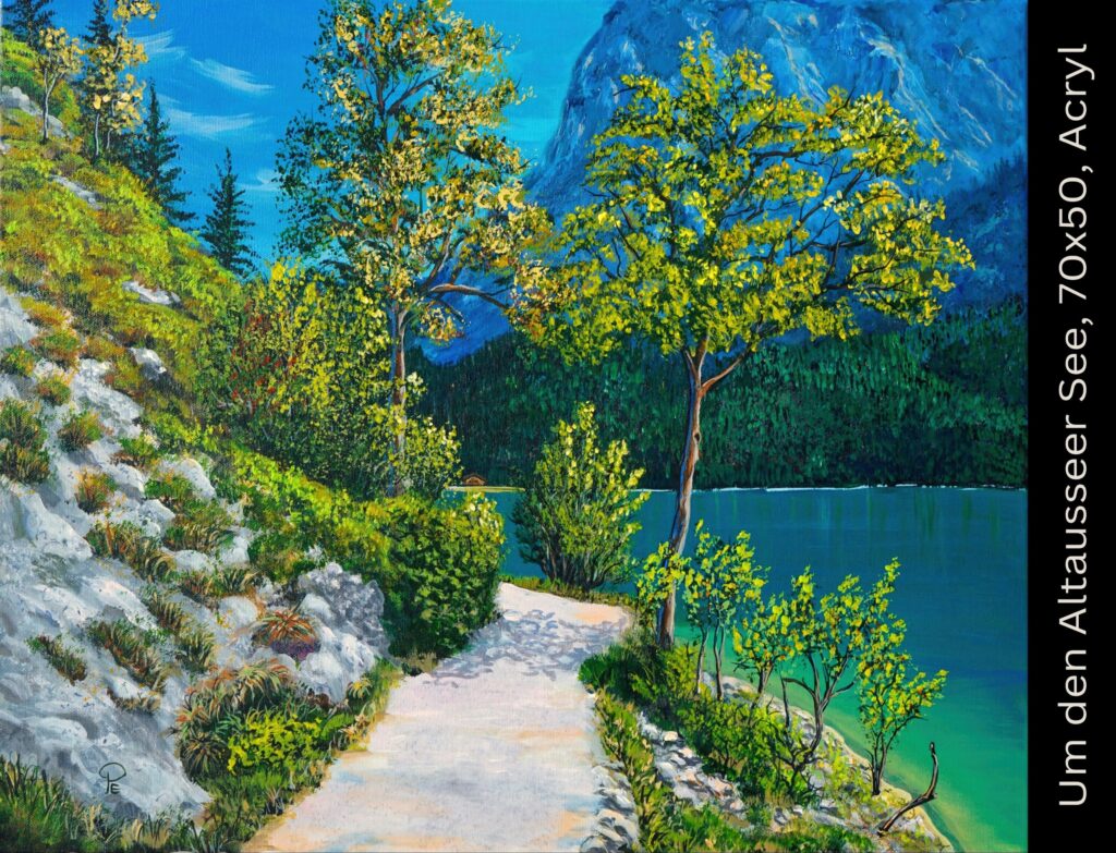 Berglandschaft mit türkisblauem See, gelben Bäumen und Sandweg zwischen weißen Felsen unter blauem Himmel.