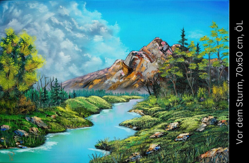 Berglandschaft mit felsigem Gipfel, grünem Wald, blauem Fluss und bewölktem Himmel - Naturgemälde