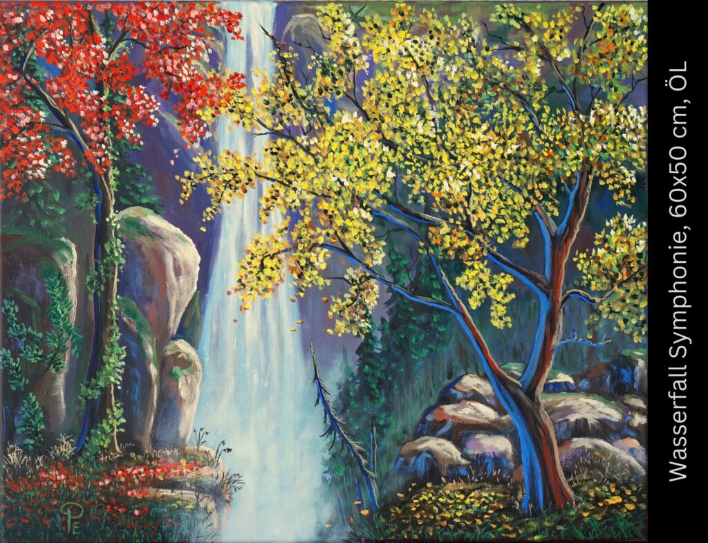 Wasserfall-Symphonie: Fantasielandschaft mit leuchtend roten und gelben blühenden Bäumen neben einem fließenden Wasserfall zwischen Felsen