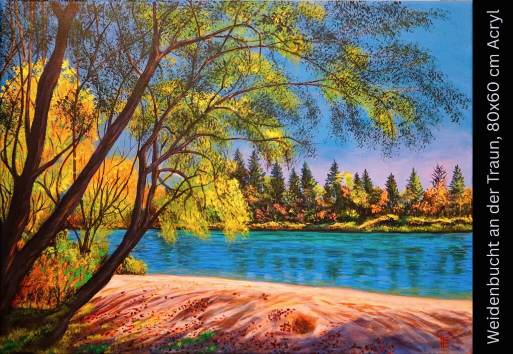 Herbstliche Flusslandschaft mit Trauerweide, gelbem Laub und türkisblauem Wasser unter klarem Himmel